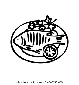 Pescado frito y limón en un plato. Ideal para menú, afiche o etiqueta. Estilo de esquema. Ilustración de líneas
