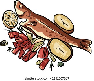 Fried fish with lemon, potatoes and bell peppers. Vector Seafood set. 