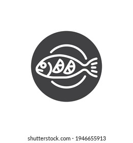 Fried fish with lemon vector icon. filled flat sign for mobile concept and web design. Fish on plate top view glyph icon. Symbol, logo illustration. Vector graphics