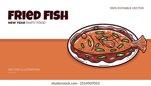 Fried fish new year party food vector illustration