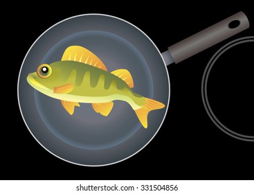 Fried fish in a nonstick frying pan. Vector illustration