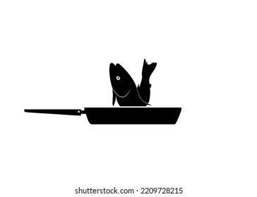 Fried Fish on Frying Pan for Logo, Pictogram, Art Illustration, Website, Apps or Graphic Design Element. Vector Illustration