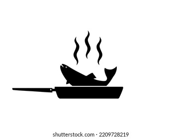 Fried Fish on Frying Pan for Logo, Pictogram, Art Illustration, Website, Apps or Graphic Design Element. Vector Illustration