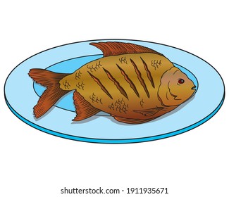 pescado frito en la ilustración del vector de placa,
aislado en el fondo blanco.Vista superior de la comida