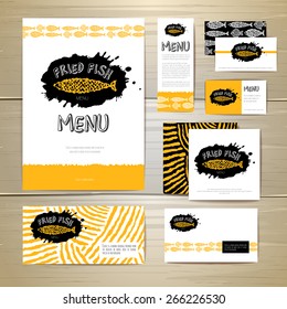 Fried fish restaurant menu concept design. Corporate identity. Document template