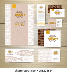 Fried fish restaurant menu concept design. Corporate identity. Document template