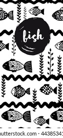 Fried fish restaurant menu concept design. Corporate identity. Vector black and white unusual banners in ink