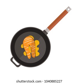 fried fish salmon red fish frying pan, roasted vector
