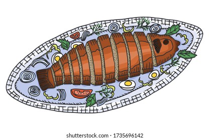 fried fish stuffed on a plate. doodle sketch vector stock