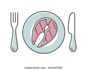 Fried fish top view on a plate, vector illustration icon in thin style