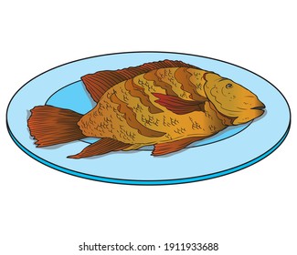 ilustración vectorial de peces fritos,
aislado en el fondo blanco.Vista superior de la comida