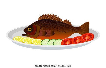 Fried fish with vegetables on a plate. Vector illustration.