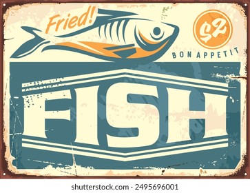 Fried fish vintage bistro sign. Seafood restaurant advertisement with fish graphic. Food vector illustration.