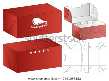 Fried Food Box Packaging Template with Chicken Illustration 3D Mockup and Dieline Layout