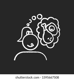 Fried food craving chalk icon. Woman thinking of fry egg and chicken thighs. Unhealthy eating habit. Girl hungry for fast food. Appetite for snack. Isolated vector chalkboard illustration