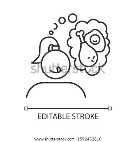 Fried food craving linear icon. Woman thinking of fry egg and chicken thighs. Unhealthy eating habit. Thin line illustration. Contour symbol. Vector isolated outline drawing. Editable stroke