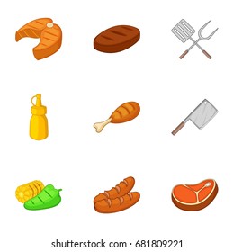 Fried food with kitchenware icons set. Cartoon set of 9 fried food with kitchenware vector icons for web isolated on white background