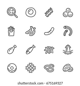 Fried foods and high fat foods leads to obesity. Vector line icons