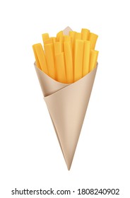 Fried French fries in cone paper cone bag, snack packaging, craft paper for street food. Vector icon.