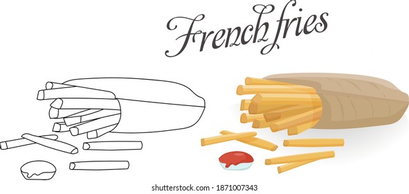 Fried fries with ketchup. Light snack. Vector color illustration and manual sketch for menu, postcard or page coloring.