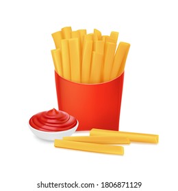 Fried fries, tomato sauce in white cup, fast food, menu template.