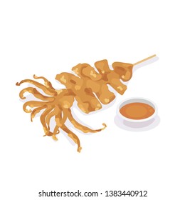 Fried giant squid with sauce on white background.
