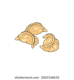 Fried gyoza in color sketch vector illustration isolated on white background. Traditional Japanese dumplings made from thinly rolled dough, meat or vegetable filling.