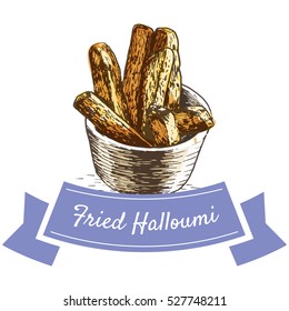 Fried Halloumi colorful illustration. Vector illustration of israeli cuisine.