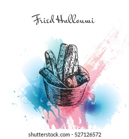 Fried Halloumi watercolor effect illustration. Vector illustration of Israeli cuisine.
