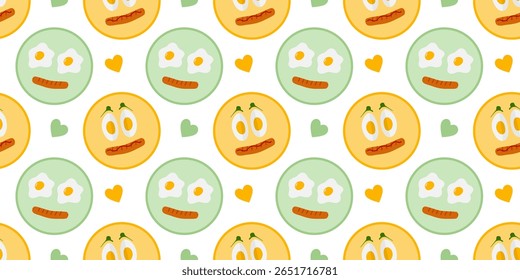 Ovos fritos e duros cozidos com linguiça grelhada Emoticons de comida bonito sem emenda padrão banner formato