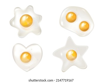 Fried hen eggs of different shape realistic set on white background isolated vector illustration