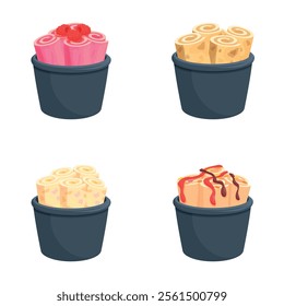 Fried icecream icons set cartoon vector. Colorful rolled ice cream in cup. Dessert, sweet food