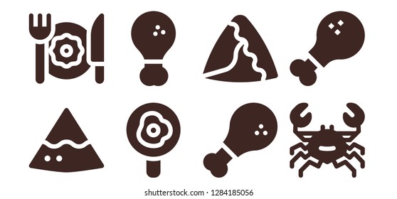  fried icon set. 8 filled fried icons. Simple modern icons about  - Nachos, Breakfast, Fried egg, Fried chicken, Chicken, Samosa, Crab, Chicken leg