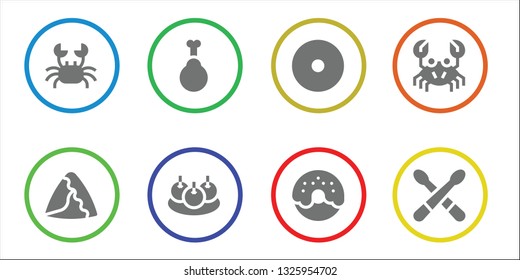 fried icon set. 8 filled fried icons.  Collection Of - Crab, Samosa, Chicken, Bitterballen, Donut, Drumsticks