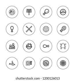 Fried icon set. collection of 16 outline fried icons with bbq grill, breakfast, chicken leg, chicken, donut, doughnut, drumstick, fried chicken, no fast food, nachos icons.