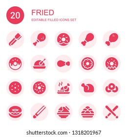 fried icon set. Collection of 20 filled fried icons included Tongs, Chicken leg, Doughnut, Chicken, Donut, Roast chicken, Nachos, Kanji vadas, Drumsticks