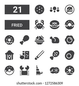 fried icon set. Collection of 21 filled fried icons included Doughnut, Donut, Hermit crab, Crab, Fried egg, Chicken leg, Tongs, Breakfast, Fried chicken, Chicken, Nachos, No fast food
