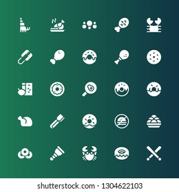 fried icon set. Collection of 25 filled fried icons included Drumsticks, Donut, Crab, Wooden leg, Doughnut, Kanji vadas, No fast food, Tongs, Chicken, Fried egg, Breakfast, Chicken leg