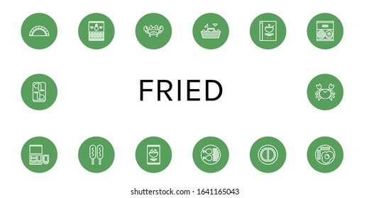 fried icon set. Collection of Cheburek, Onion rings, Crab, Nachos, Cereals, Donut, Nuggets, Corn dog, Chicken leg, Fried eggs, Chicken wings icons