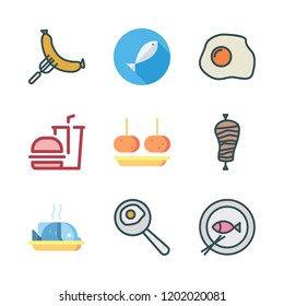 fried icon set. vector set about fishes, croquette, kebab and fried egg icons set.
