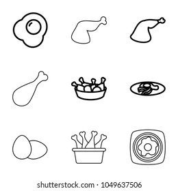 Fried icons. set of 9 editable outline fried icons such as chicken leg, meat leg, fried egg and bacon