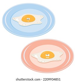 Fried kawaii egg on a plate, color isolated vector illustration in cartoon style