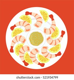 Fried King Prawn shrimp with lemon on a White Plate with sauce.