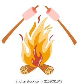 Fried marshmallows on the fire. Bonfire with marshmallow. Sweets roasting on fire. Picnic or camping. Hand drawn vector illustration isolated on white background
