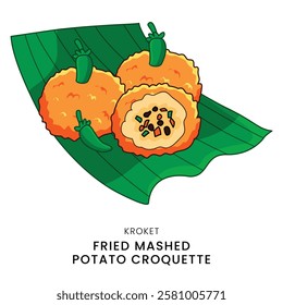 Fried Mashed Potato Croquette or Kroket with Chili on Cassava Leaf Indonesian Fried Snack