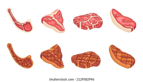 Fried meat. Bbq party icons, lamb, pork or cow steak. Fresh raw meats slices, isolated cartoon food from animal. Cooking neat vector elements
