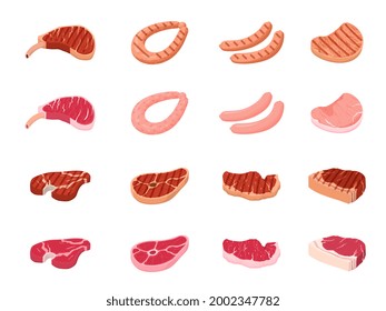 Fried meat. Flat cooking beef, fresh raw sirloin and bbq steak on dinner. Pork steaks and sausages, delicious meats food recent vector icons