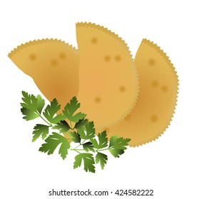 Fried meat pastries (chebureks) with herbs (parsley sprigs). Traditional dish of Crimean tatars and Caucasians. Hand drawn vector illustration on white background.