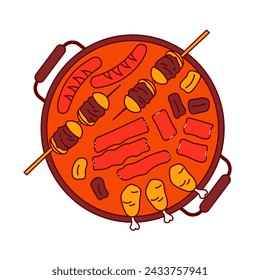 fried meat and sausages in a pan