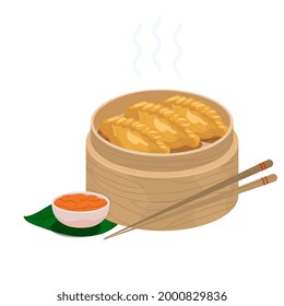 Fried momo dumplings in wooden steamer basket. Vector illustration of steam fried veg momos with sticks and chutney sauce. Nepalese momo icon dish isolated on white background